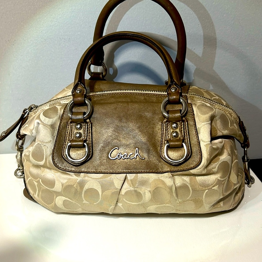 COACH ASHLEY F18425 BEIGE SIGNATURE SATEEN BRONZE LEATHER BAG
